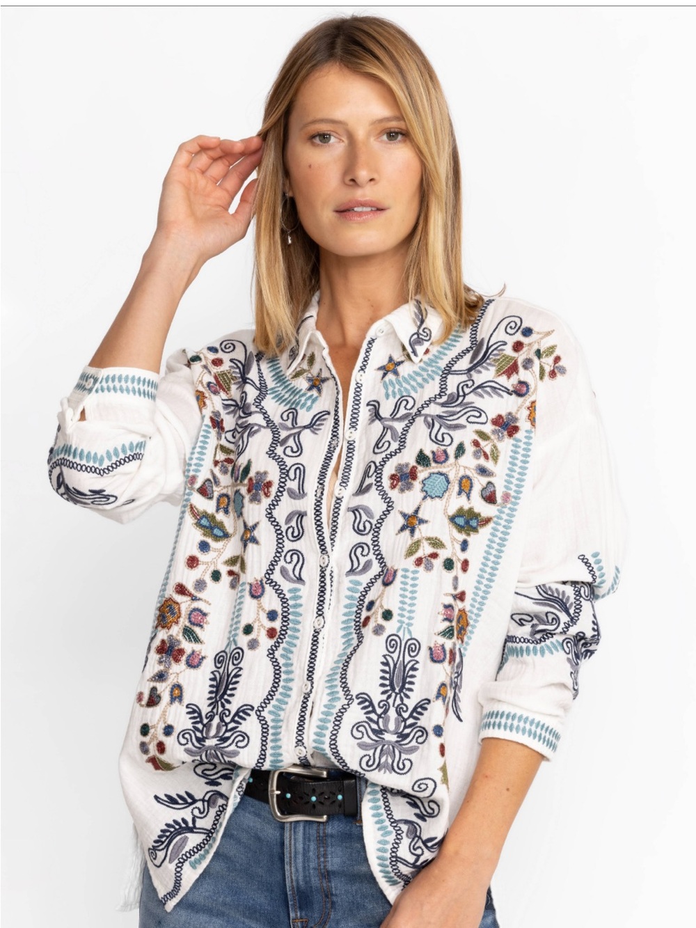 Johnny Was White Button-Down Shirt with Multicolor Embroidery